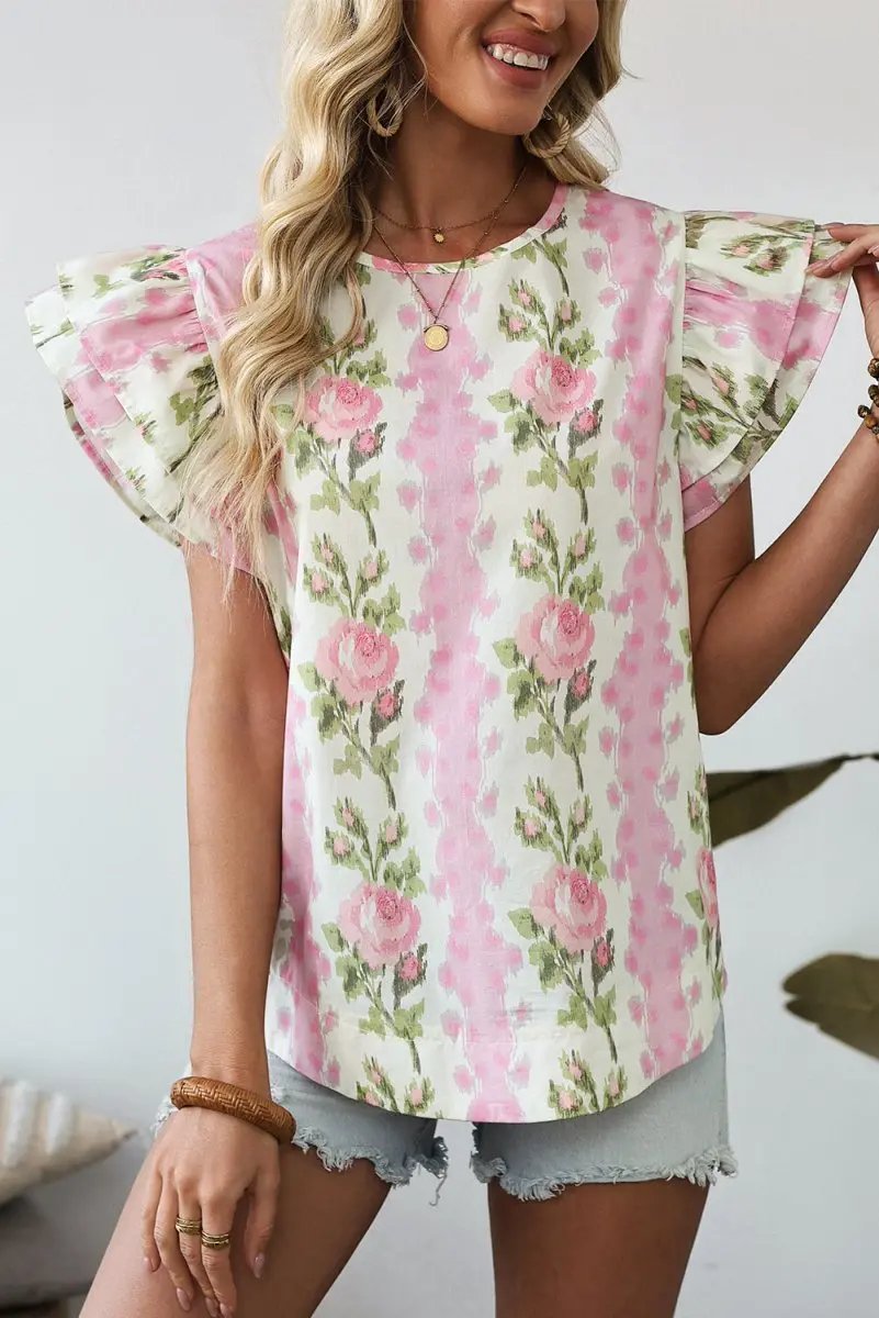 Pink Floral Print Ruffled Sleeve Summer Top for Women - Love Salve